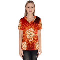 Wonderful Golden Dragon On Red Vintage Background Scrub Top by FantasyWorld7