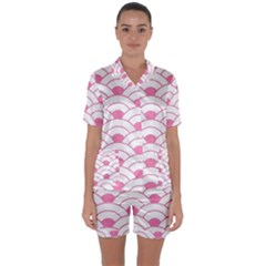 Art Deco Shell Pink White Satin Short Sleeve Pyjamas Set