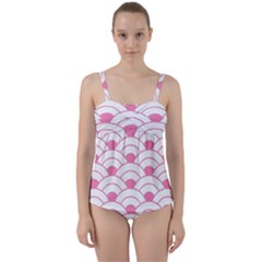 Art Deco Shell Pink White Twist Front Tankini Set