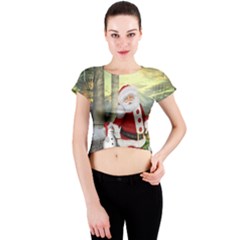 Sanata Claus With Snowman And Christmas Tree Crew Neck Crop Top by FantasyWorld7