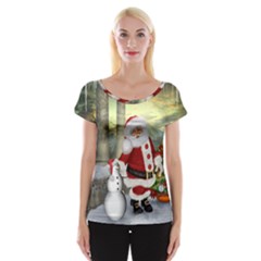 Sanata Claus With Snowman And Christmas Tree Cap Sleeve Tops by FantasyWorld7