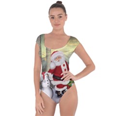 Sanata Claus With Snowman And Christmas Tree Short Sleeve Leotard  by FantasyWorld7