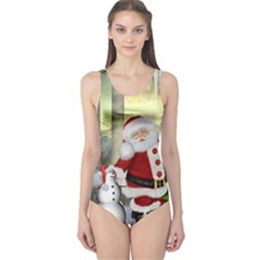 Sanata Claus With Snowman And Christmas Tree One Piece Swimsuit by FantasyWorld7