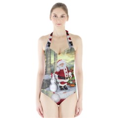 Sanata Claus With Snowman And Christmas Tree Halter Swimsuit by FantasyWorld7