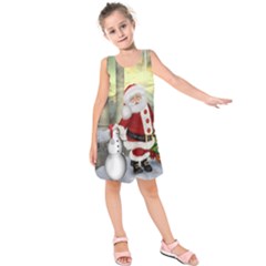 Sanata Claus With Snowman And Christmas Tree Kids  Sleeveless Dress by FantasyWorld7