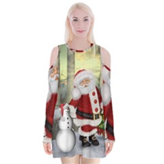 Sanata Claus With Snowman And Christmas Tree Velvet Long Sleeve Shoulder Cutout Dress by FantasyWorld7