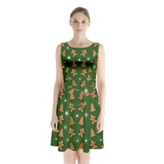 Ginger Cookies Christmas Pattern Sleeveless Waist Tie Chiffon Dress