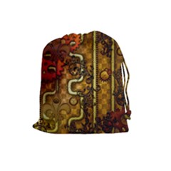 Noble Steampunk Design, Clocks And Gears With Floral Elements Drawstring Pouches (large)  by FantasyWorld7