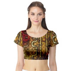 Noble Steampunk Design, Clocks And Gears With Floral Elements Short Sleeve Crop Top by FantasyWorld7