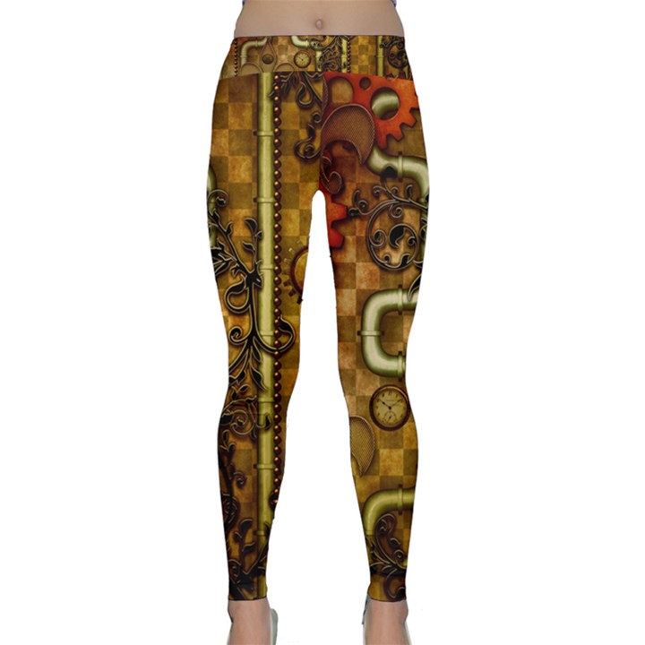 Noble Steampunk Design, Clocks And Gears With Floral Elements Classic Yoga Leggings