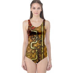 Noble Steampunk Design, Clocks And Gears With Floral Elements One Piece Swimsuit by FantasyWorld7