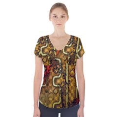 Noble Steampunk Design, Clocks And Gears With Floral Elements Short Sleeve Front Detail Top by FantasyWorld7