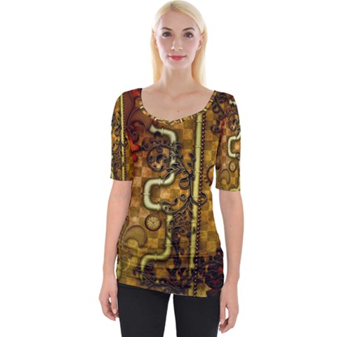 Noble Steampunk Design, Clocks And Gears With Floral Elements Wide Neckline Tee by FantasyWorld7