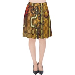 Noble Steampunk Design, Clocks And Gears With Floral Elements Velvet High Waist Skirt by FantasyWorld7