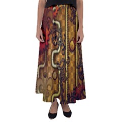 Noble Steampunk Design, Clocks And Gears With Floral Elements Flared Maxi Skirt