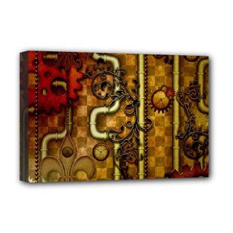 Noble Steampunk Design, Clocks And Gears With Floral Elements Deluxe Canvas 18  X 12   by FantasyWorld7