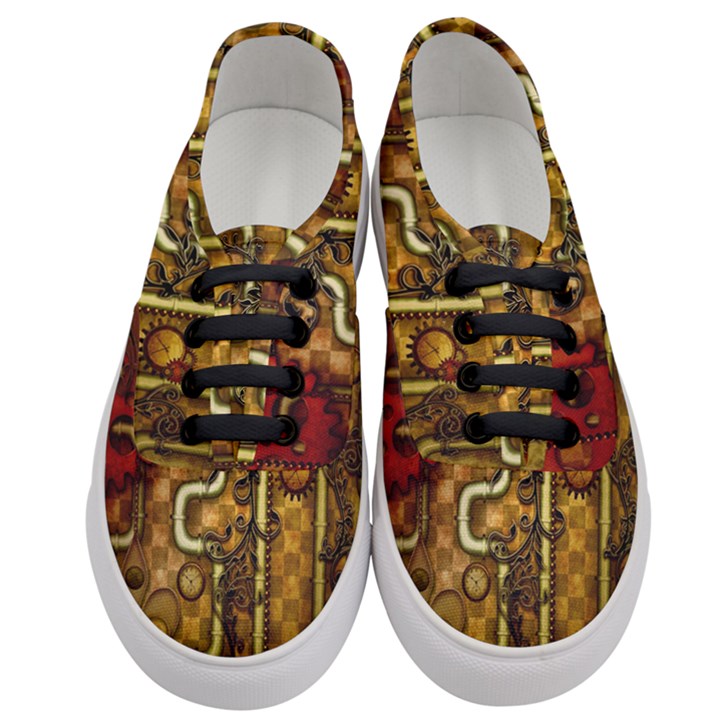 Noble Steampunk Design, Clocks And Gears With Floral Elements Women s Classic Low Top Sneakers