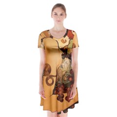 Alfons Mucha   Fruit Short Sleeve V-neck Flare Dress by NouveauDesign