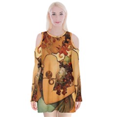 Alfons Mucha   Fruit Velvet Long Sleeve Shoulder Cutout Dress by NouveauDesign