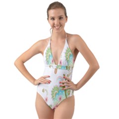 Wreaths Sexy Flower Star Leaf Rose Sunflower Bird Summer Halter Cut-out One Piece Swimsuit