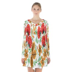 Flower Floral Red Yellow Leaf Green Sexy Summer Long Sleeve Velvet V-neck Dress