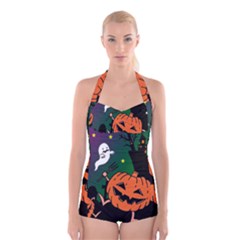 Happy Halloween Boyleg Halter Swimsuit  by Mariart