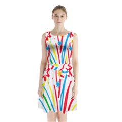 Fireworks Rainbow Flower Sleeveless Waist Tie Chiffon Dress