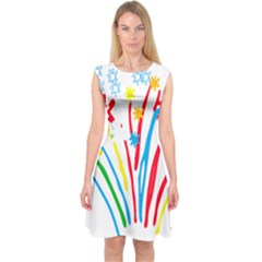 Fireworks Rainbow Flower Capsleeve Midi Dress