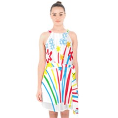 Fireworks Rainbow Flower Halter Collar Waist Tie Chiffon Dress by Mariart