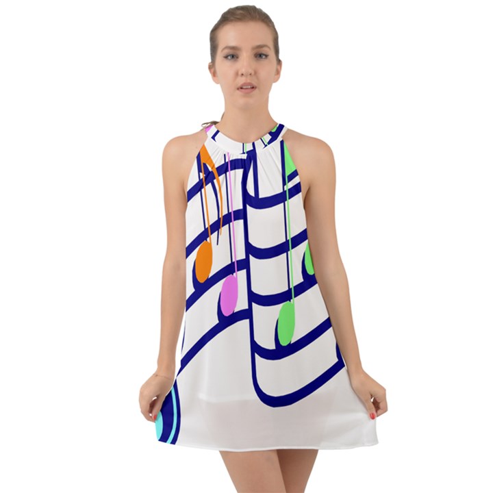 Music Note Tone Rainbow Blue Pink Greeen Sexy Halter Tie Back Chiffon Dress