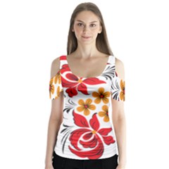 Flower Red Rose Star Floral Yellow Black Leaf Butterfly Sleeve Cutout Tee 