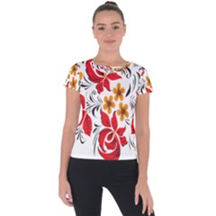 Flower Red Rose Star Floral Yellow Black Leaf Short Sleeve Sports Top 