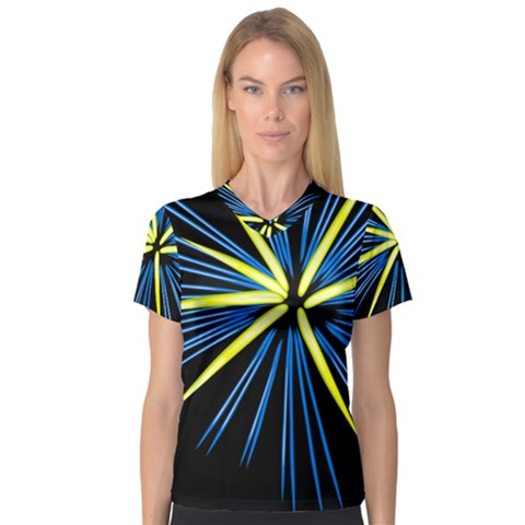 Fireworks Blue Green Black Happy New Year V-neck Sport Mesh Tee by Mariart