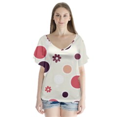 Polka Dots Flower Floral Rainbow V-neck Flutter Sleeve Top