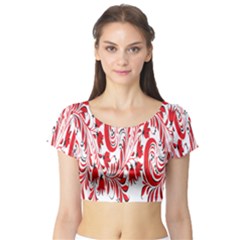 Red Flower Floral Leaf Short Sleeve Crop Top by Mariart