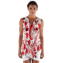 Red Flower Floral Leaf Wrap Front Bodycon Dress