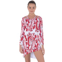 Red Flower Floral Leaf Asymmetric Cut-out Shift Dress