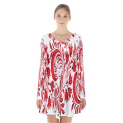 Red Flower Floral Leaf Long Sleeve Velvet V-neck Dress