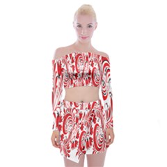 Red Flower Floral Leaf Off Shoulder Top With Mini Skirt Set