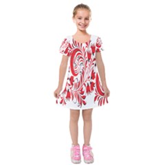 Red Flower Floral Leaf Kids  Short Sleeve Velvet Dress