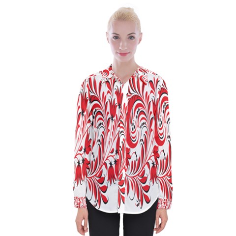 Red Flower Floral Leaf Womens Long Sleeve Shirt by Mariart