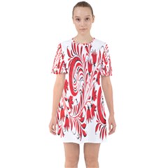 Red Flower Floral Leaf Sixties Short Sleeve Mini Dress