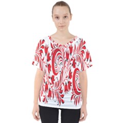 Red Flower Floral Leaf V-neck Dolman Drape Top