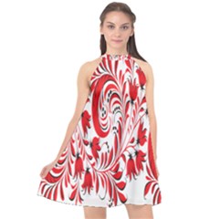 Red Flower Floral Leaf Halter Neckline Chiffon Dress 