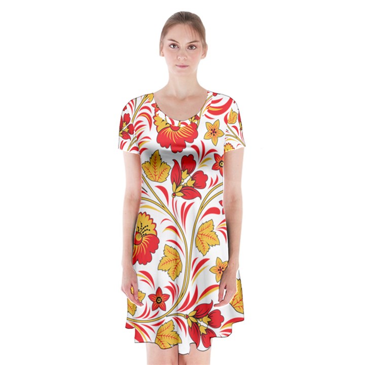 Wreaths Flower Floral Sexy Red Sunflower Star Rose Short Sleeve V-neck Flare Dress