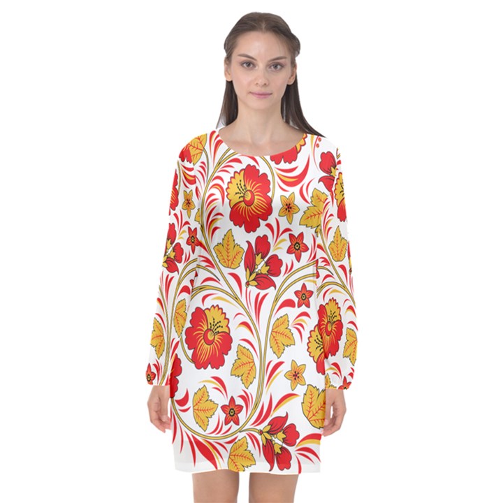 Wreaths Flower Floral Sexy Red Sunflower Star Rose Long Sleeve Chiffon Shift Dress 