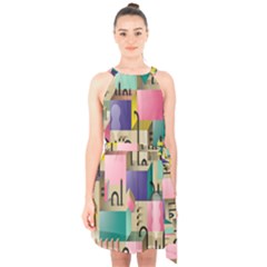 Magazine Balance Plaid Rainbow Halter Collar Waist Tie Chiffon Dress by Mariart