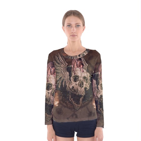 Awesome Creepy Skull With Rat And Wings Women s Long Sleeve Tee by FantasyWorld7