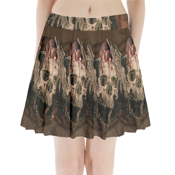 Awesome Creepy Skull With Rat And Wings Pleated Mini Skirt