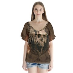 Awesome Creepy Skull With Rat And Wings V-neck Flutter Sleeve Top by FantasyWorld7